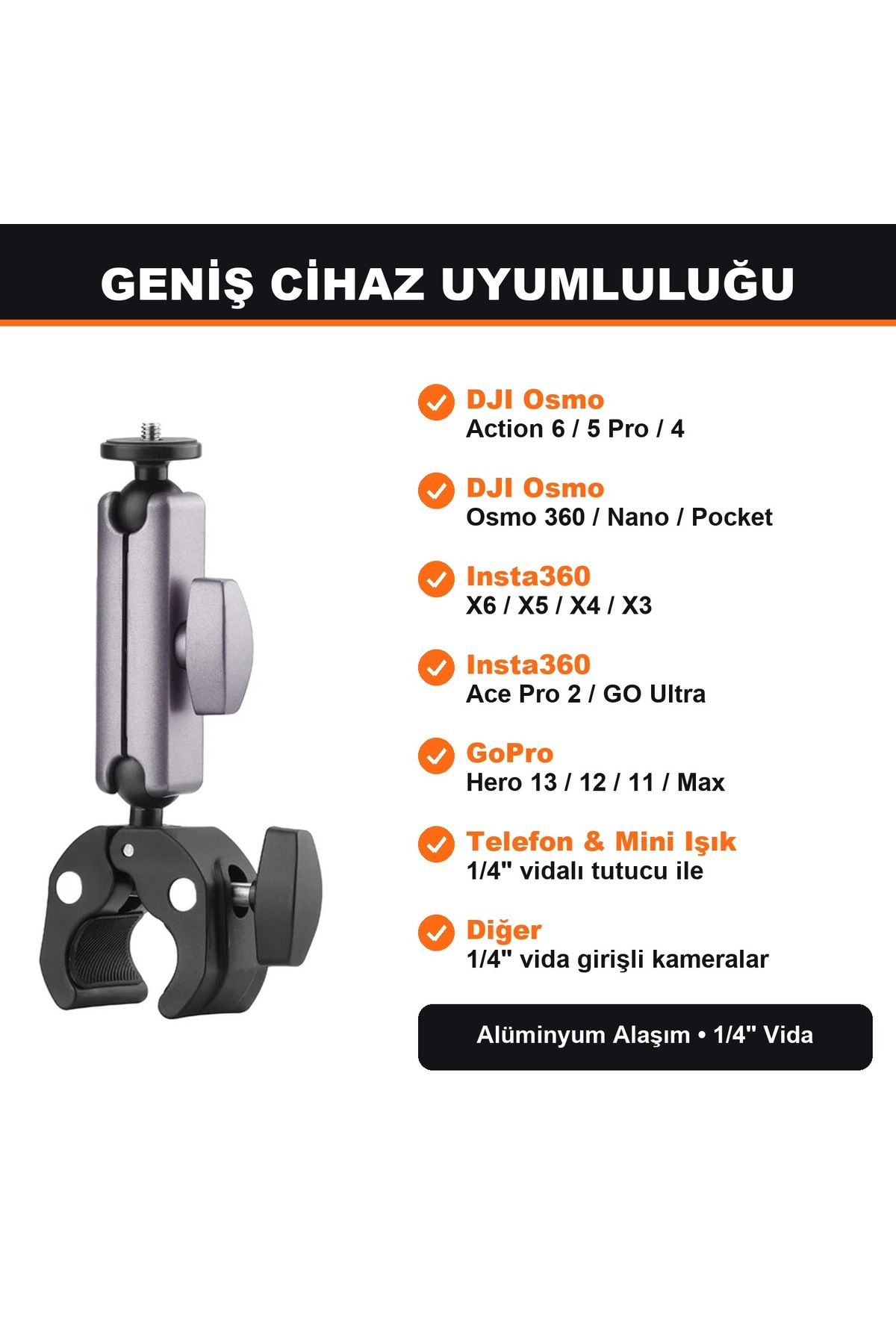DJI Osmo Action 6 / Osmo 360 / Insta360 X6 X5 Uyumlu Alüminyum 360° Gidon Kelepçesi Bisiklet Motosiklet Montaj - Görsel 3