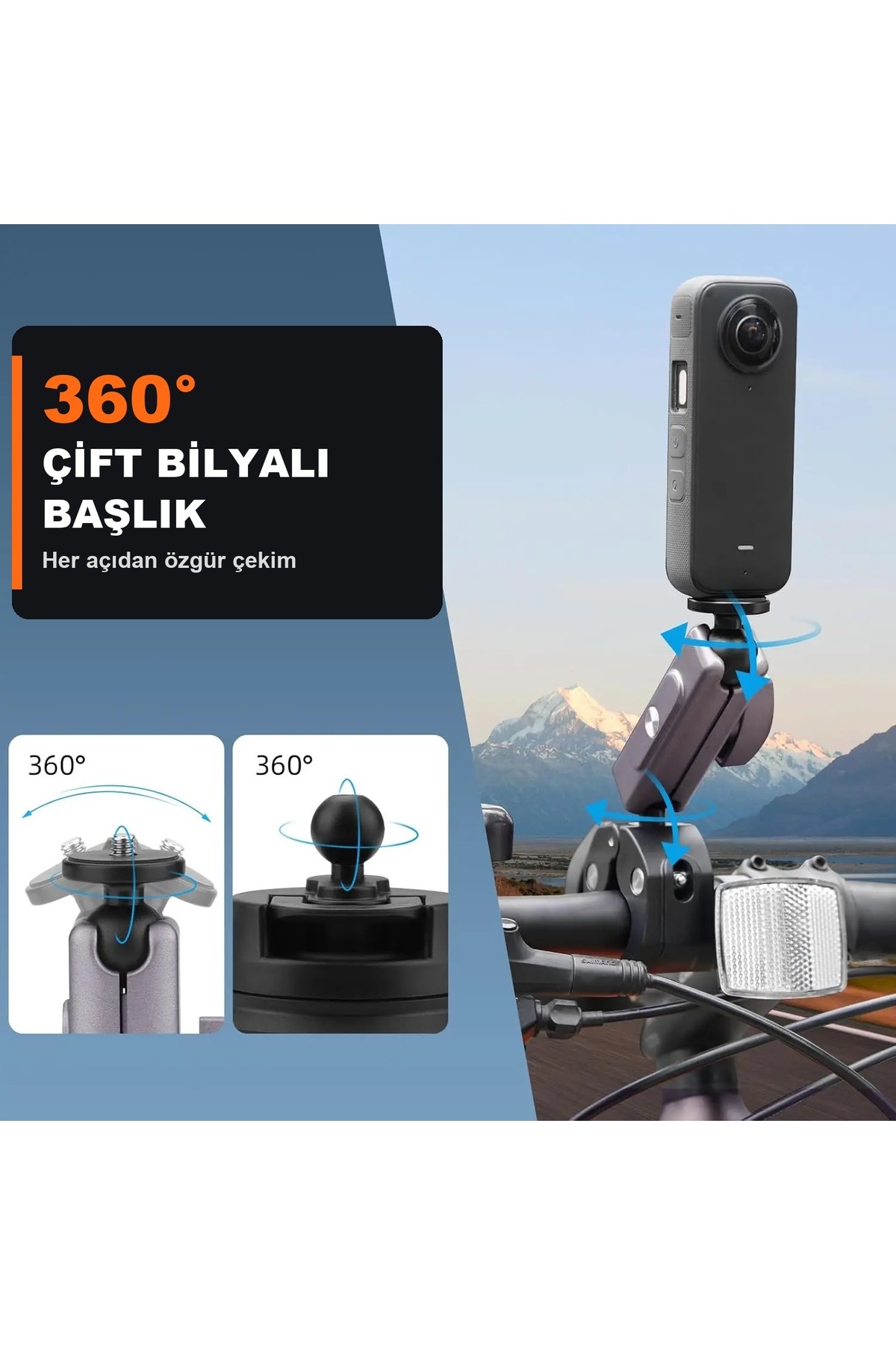 DJI Osmo Action 6 / Osmo 360 / Insta360 X6 X5 Uyumlu Alüminyum 360° Gidon Kelepçesi Bisiklet Motosiklet Montaj - Görsel 4
