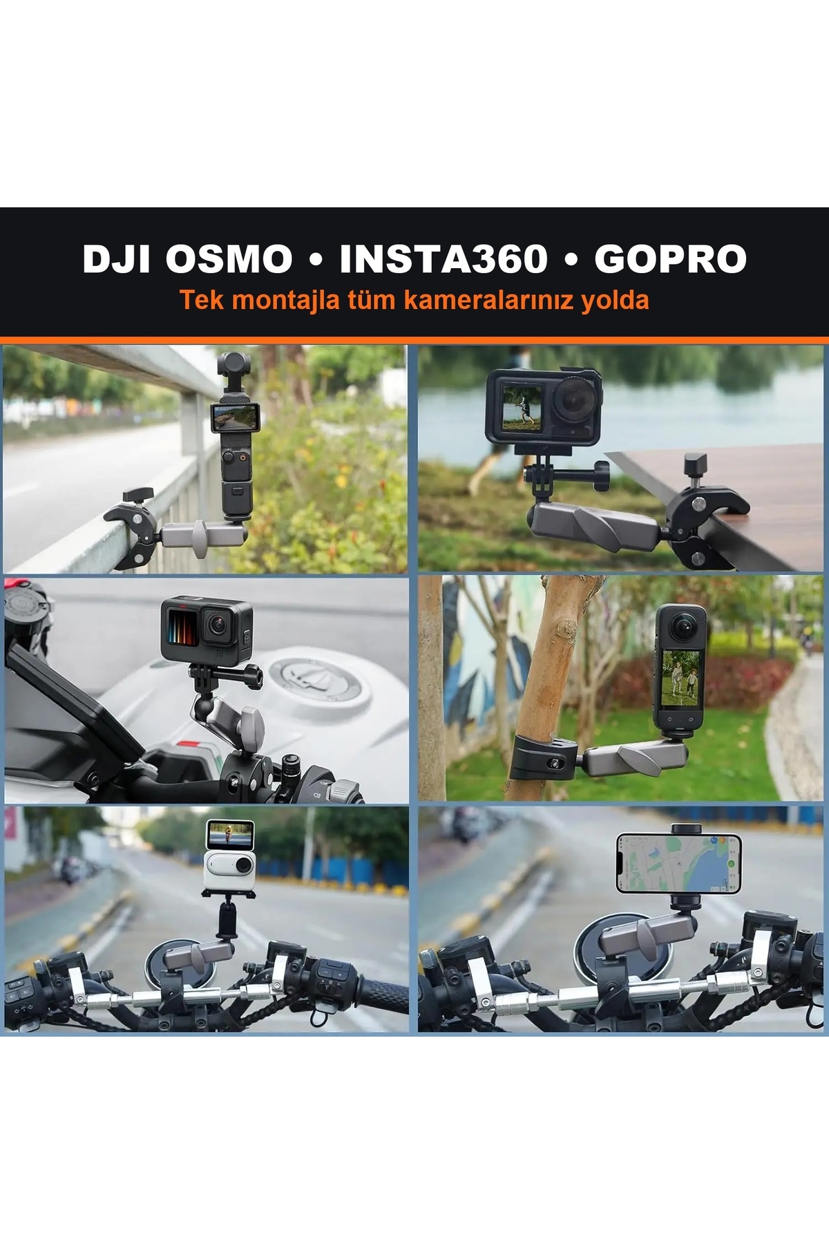 DJI Osmo Action 6 / Osmo 360 / Insta360 X6 X5 Uyumlu Alüminyum 360° Gidon Kelepçesi Bisiklet Motosiklet Montaj - Görsel 6