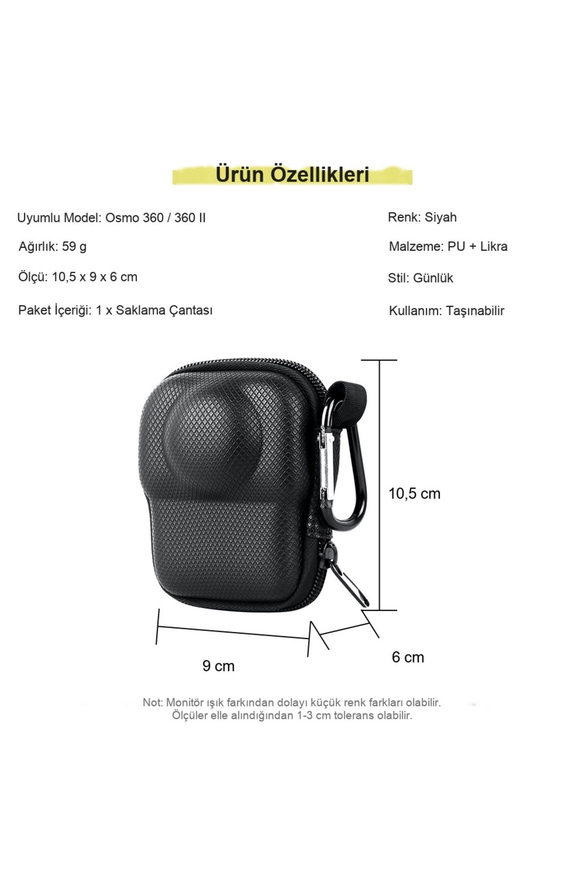DJI Osmo 360 / 360 II Uyumlu Mini Sert Saklama Çantası Karabinalı Taşıma Kutusu - Görsel 6