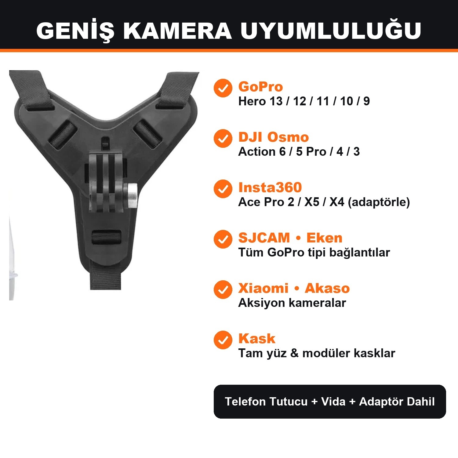GoPro Hero 13 / DJI Osmo Action 6 / Insta360 Uyumlu Motosiklet Kask Çene Montaj Aparatı Jaw Mount Siyah - Görsel 3