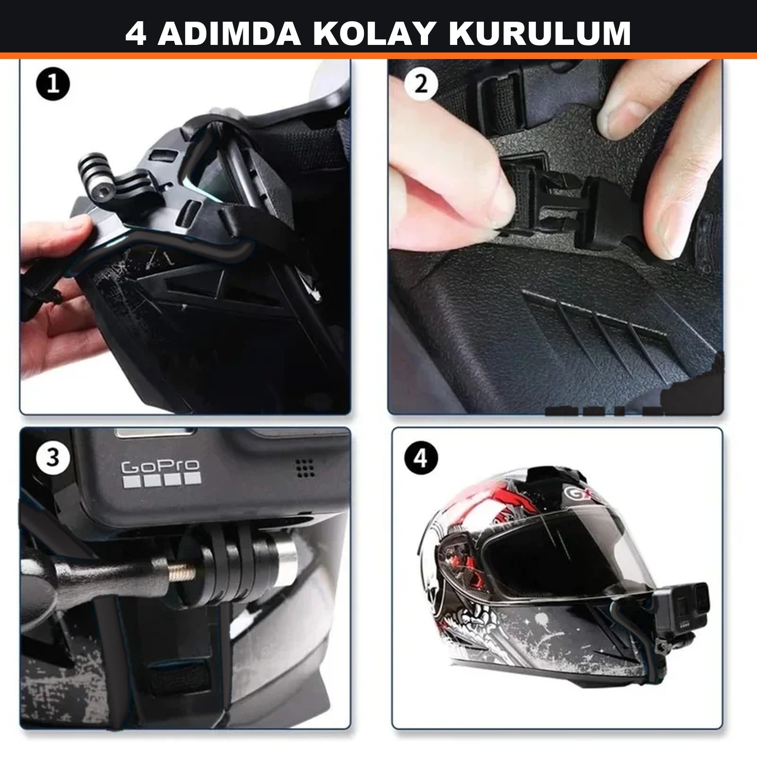 GoPro Hero 13 / DJI Osmo Action 6 / Insta360 Uyumlu Motosiklet Kask Çene Montaj Aparatı Jaw Mount Siyah - Görsel 5