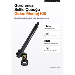 Görünmez Selfie Çubuğu Gidon Montaj Kiti 114 cm Motosiklet Bisiklet - Insta360 X5 X4 X3 Uyumlu