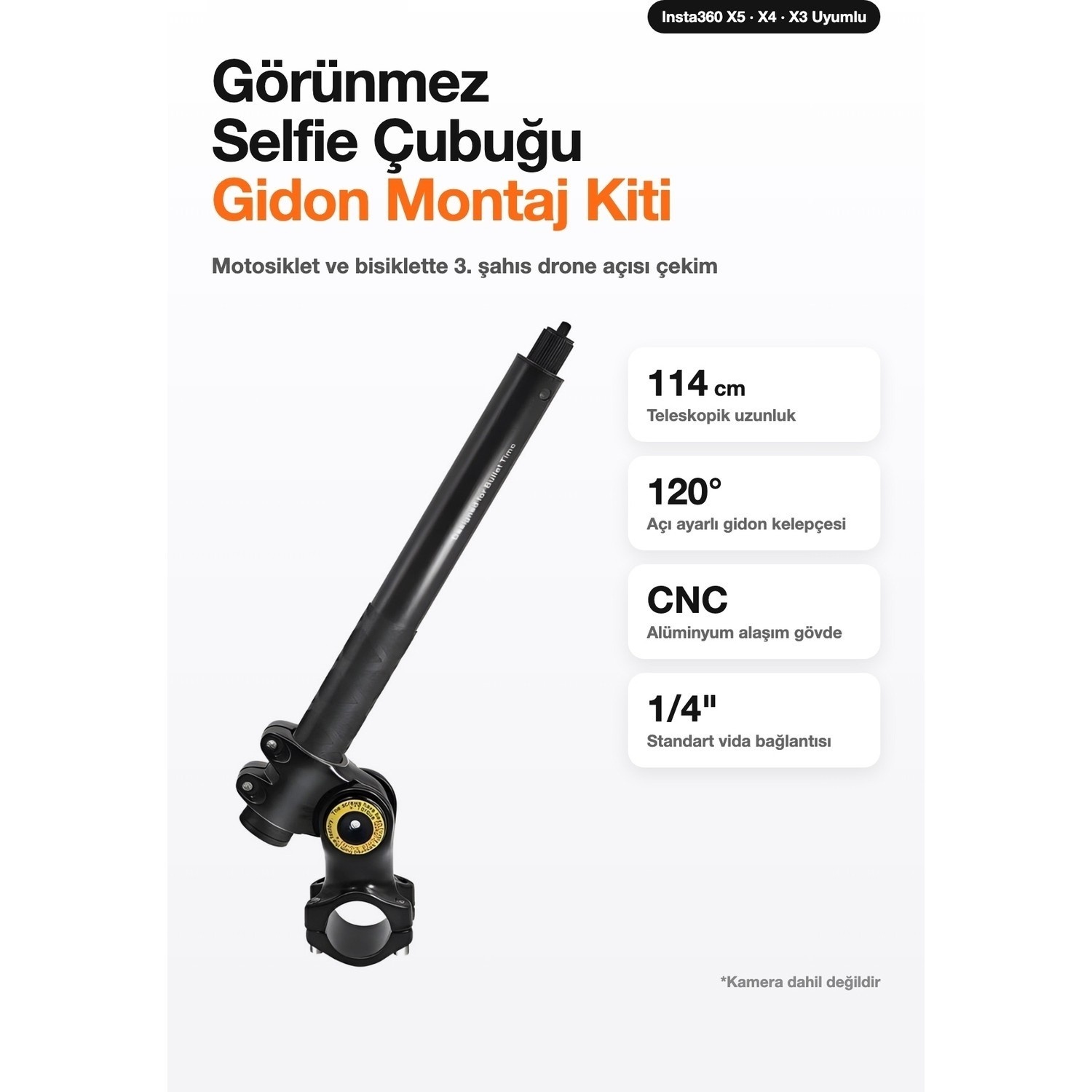 Görünmez Selfie Çubuğu Gidon Montaj Kiti 114 cm Motosiklet Bisiklet - Insta360 X5 X4 X3 Uyumlu