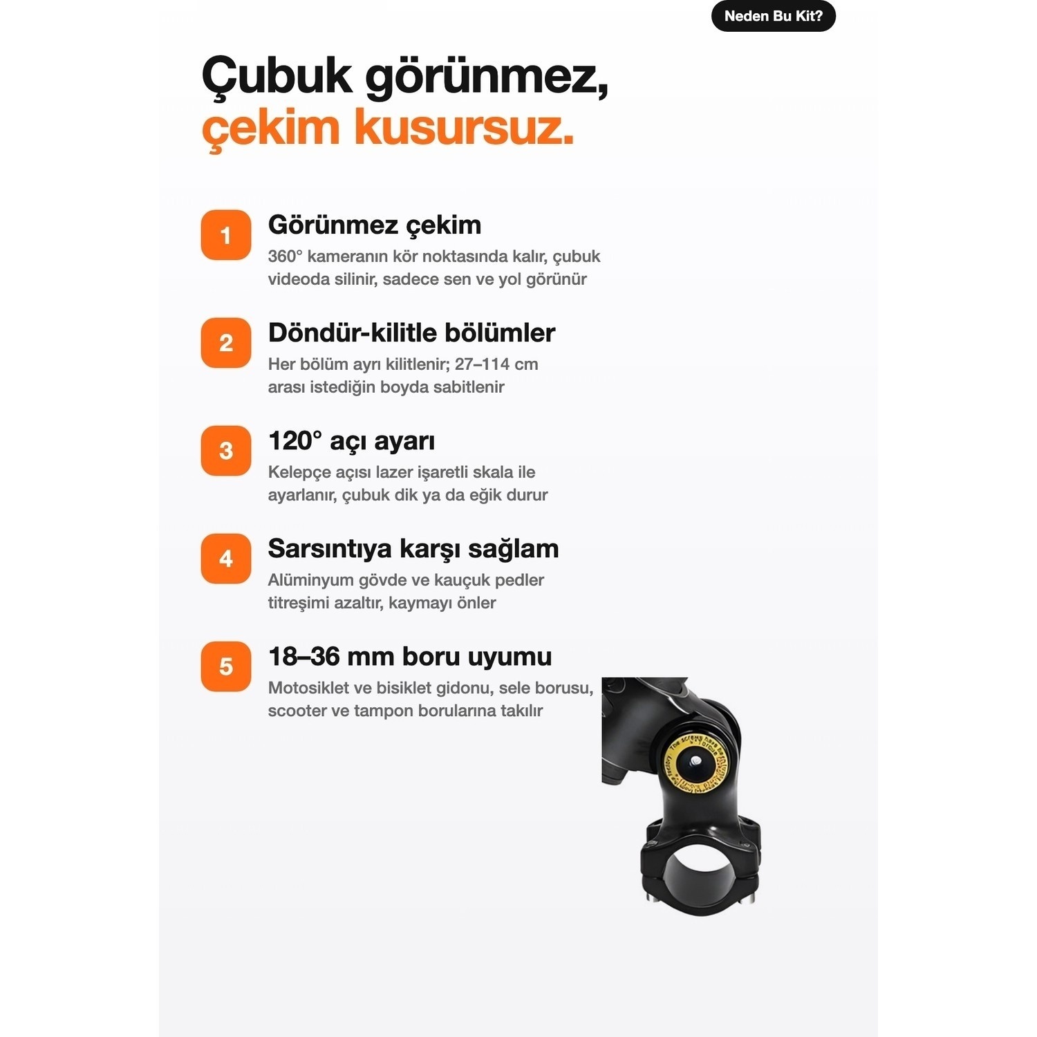Görünmez Selfie Çubuğu Gidon Montaj Kiti 114 cm Motosiklet Bisiklet - Insta360 X5 X4 X3 Uyumlu - Görsel 2